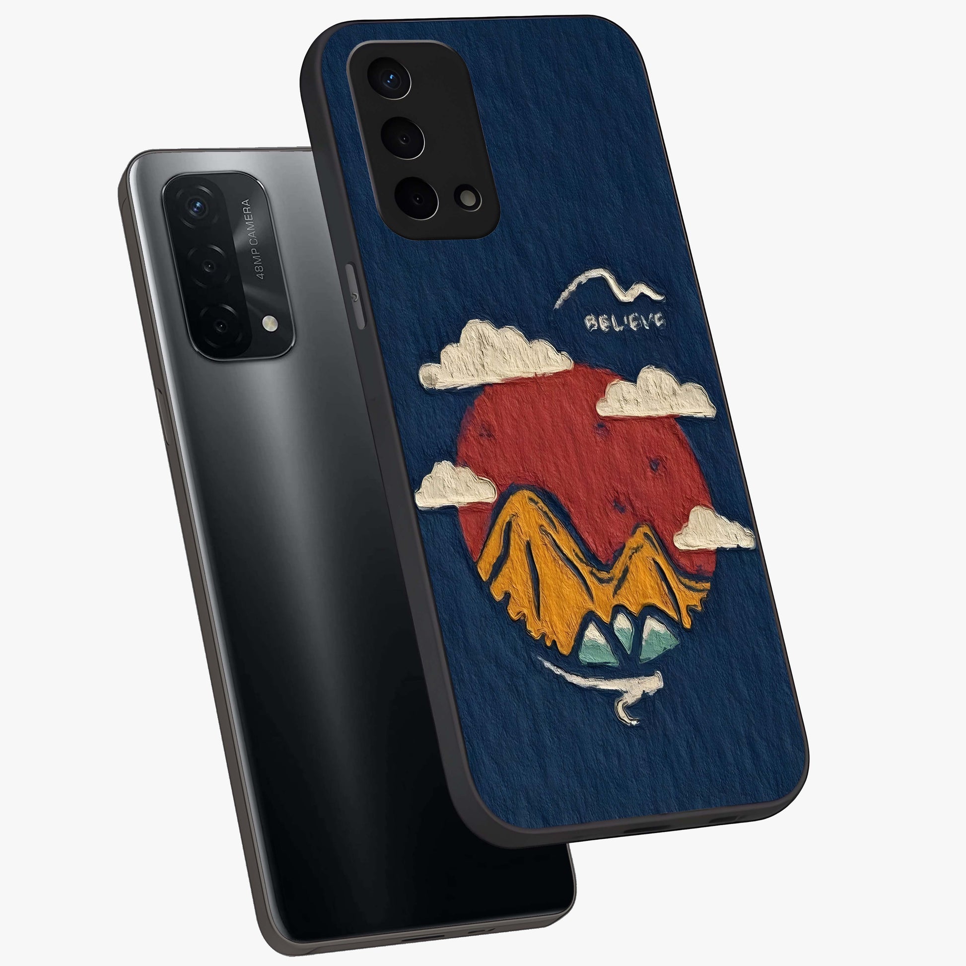 Dream Beyond Mountains Glass Case displayed in angled mockup highlighting dreamy mountain illustration with peaceful aesthetic.