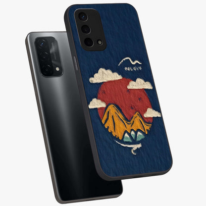 Dream Beyond Mountains Glass Case displayed in angled mockup highlighting dreamy mountain illustration with peaceful aesthetic.