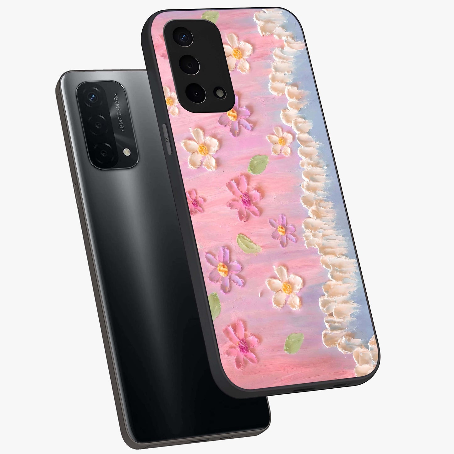 Dreamy Painted Garden Glass Case displayed in angled mockup highlighting colorful garden illustration with dreamy aesthetic style.