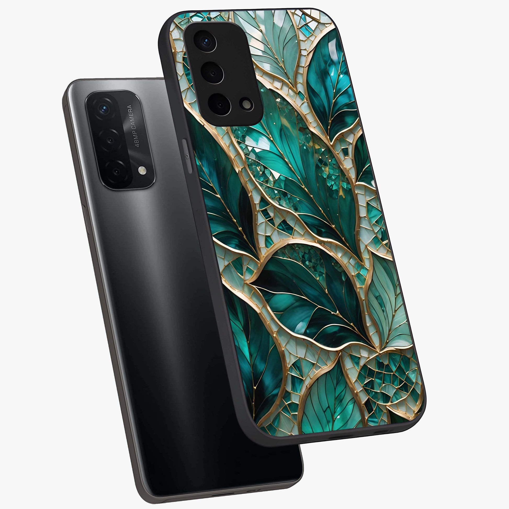 Emerald Leaf Glass Glass Case displayed in angled mockup highlighting botanical leaf illustration with elegant natural aesthetic.