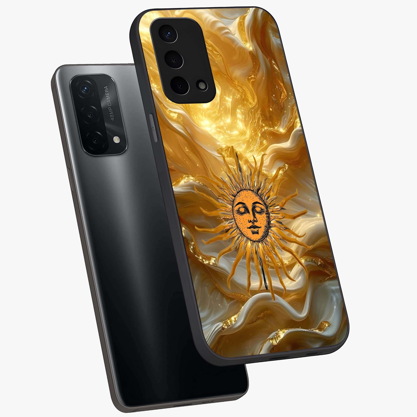 Eternal Golden Glow Glass Case displayed in angled mockup highlighting glowing golden aesthetic design with elegant style.