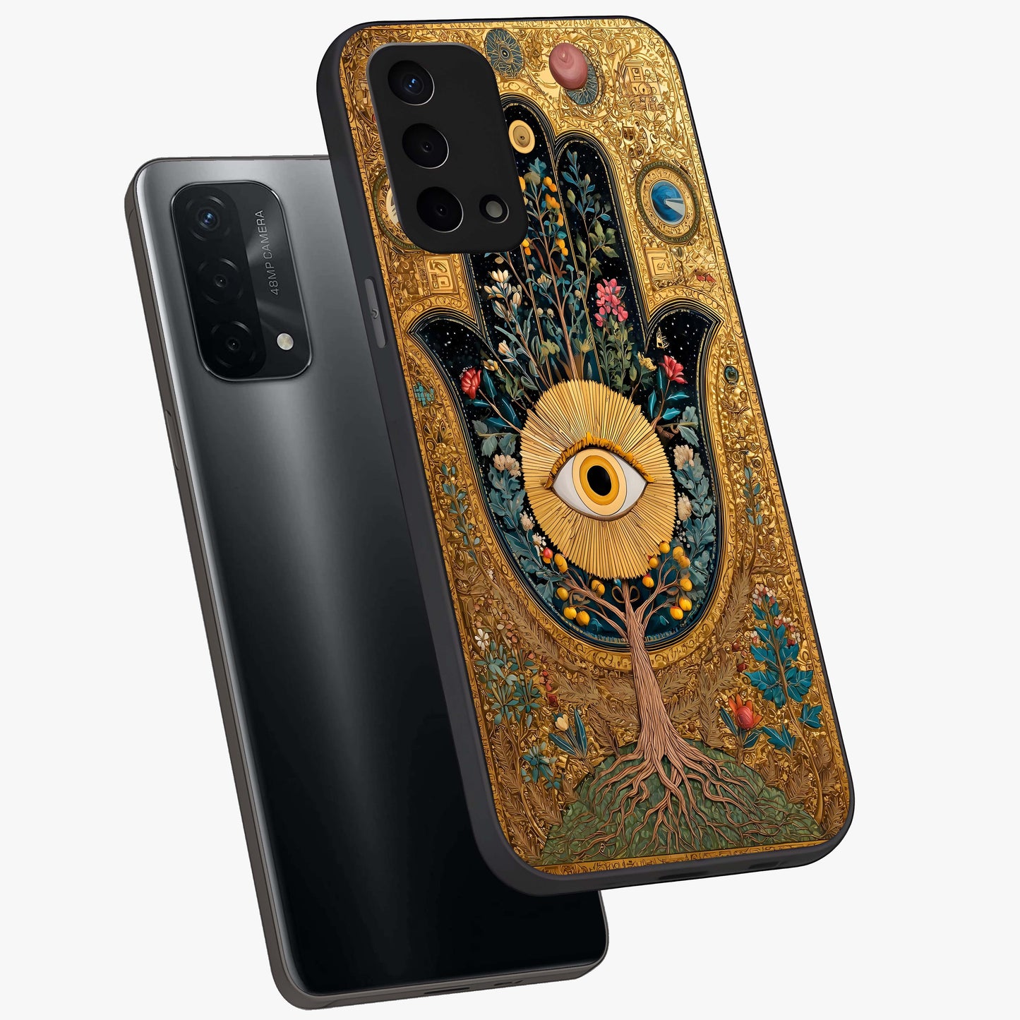 Ethereal Evil Eye Glass Case displayed in angled mockup highlighting protective evil eye symbol with spiritual aesthetic design.
