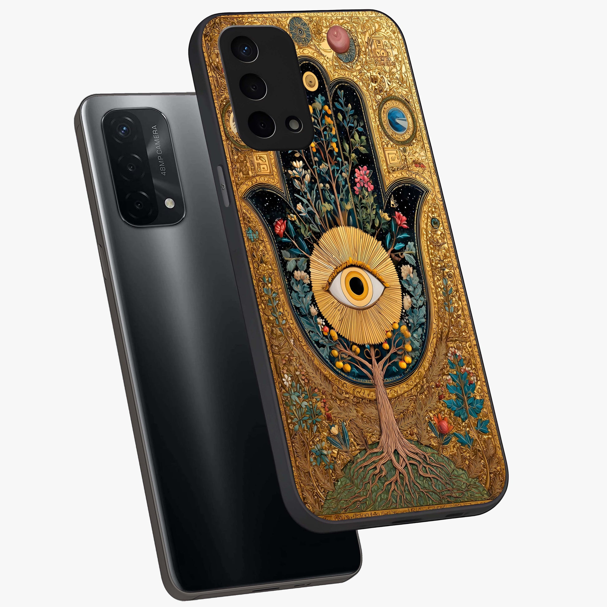 Ethereal Evil Eye Glass Case displayed in angled mockup highlighting protective evil eye symbol with spiritual aesthetic design.