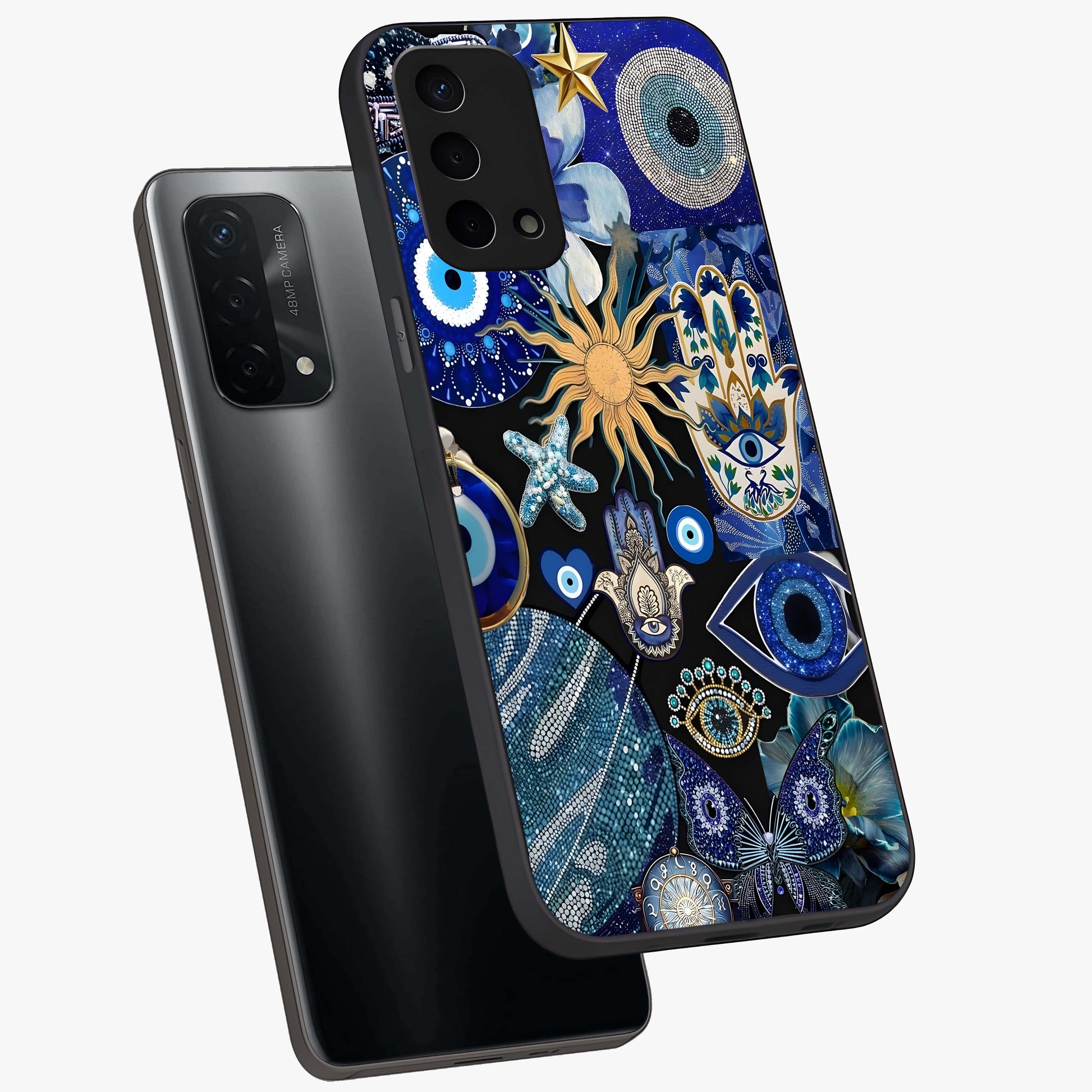 Evil Eye Charm Mix Glass Case displayed in angled mockup highlighting protective evil eye symbols with spiritual aesthetic design.