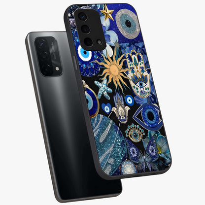 Evil Eye Charm Mix Glass Case displayed in angled mockup highlighting protective evil eye symbols with spiritual aesthetic design.