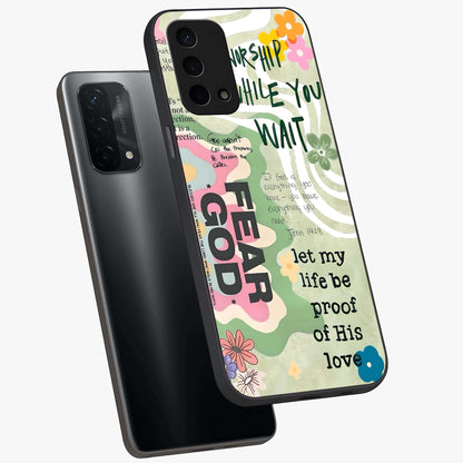 Faith Over Fear Glass Case displayed in angled mockup highlighting inspirational message design with modern aesthetic style.