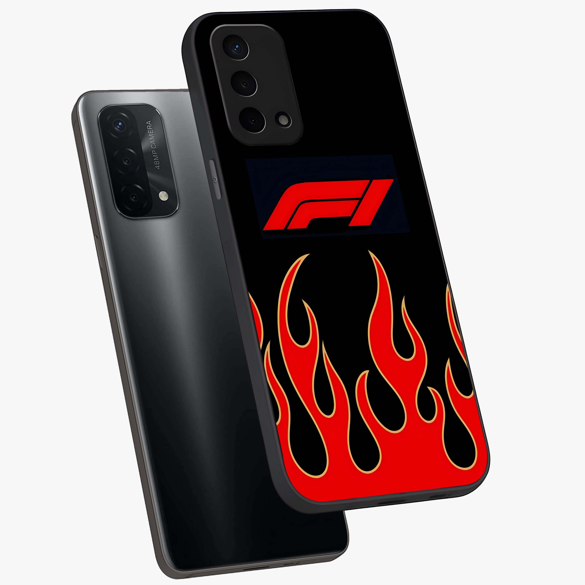 Fire F11 Glass Case displayed in angled mockup highlighting bold fire inspired graphic with energetic aesthetic style.