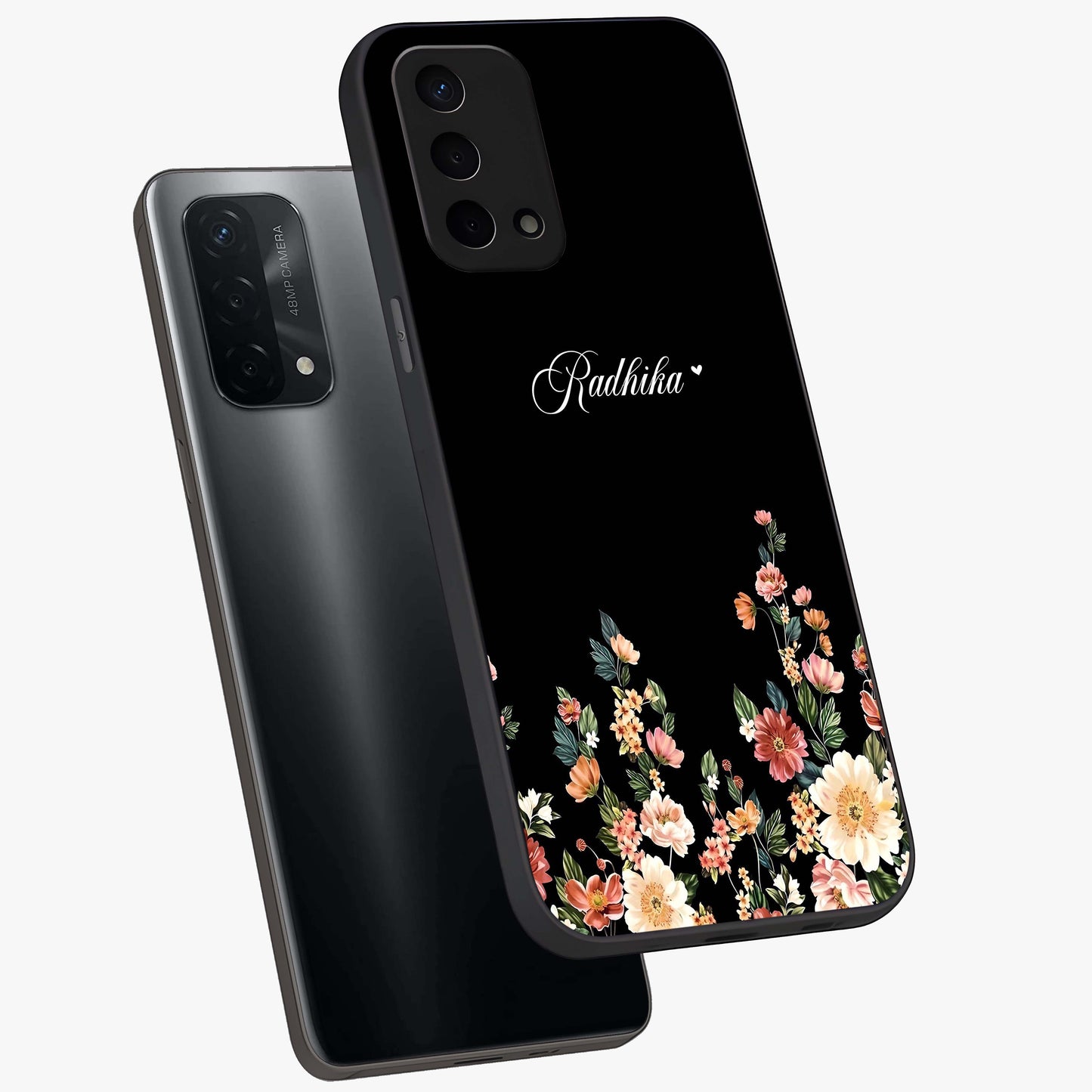 Floral Design With a Custom Personalized Name Glass Case displayed in angled mockup highlighting elegant floral pattern with custom name feature.