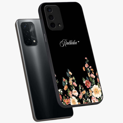 Floral Design With a Custom Personalized Name Glass Case displayed in angled mockup highlighting elegant floral pattern with custom name feature.