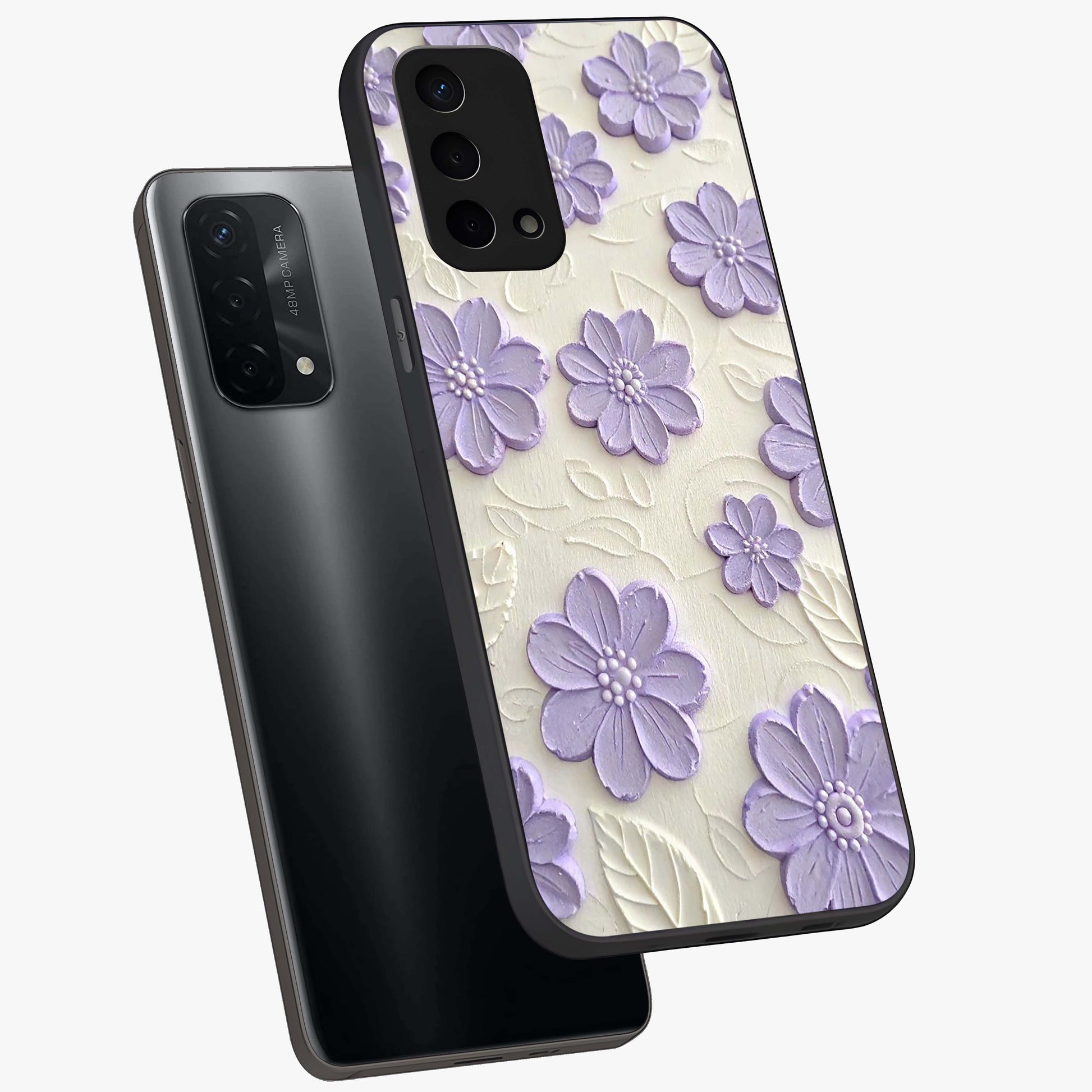 Floral Wall Art With Purple Flowers Glass Case displayed in angled mockup highlighting vibrant purple floral illustration with artistic aesthetic.