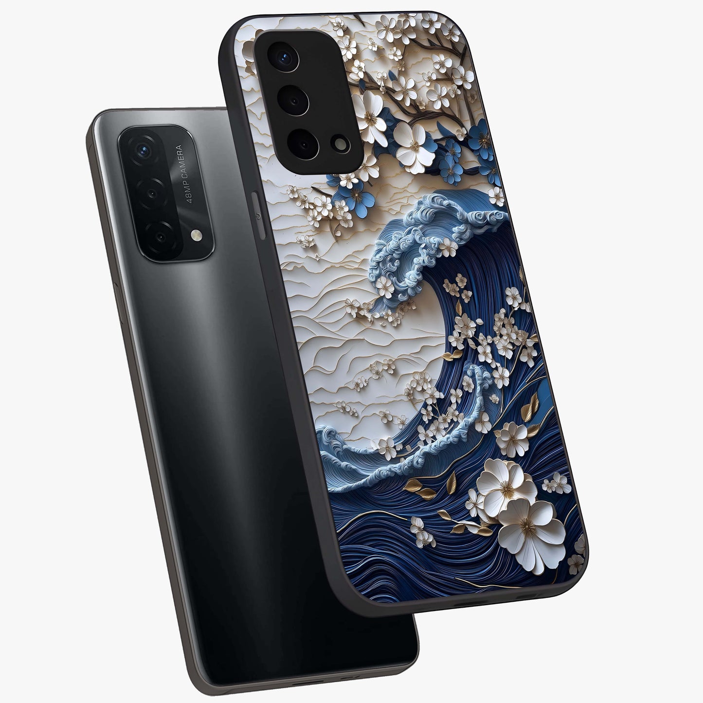 Floral Wave Origami Glass Case displayed in angled mockup highlighting geometric origami flower design with modern aesthetic style.
