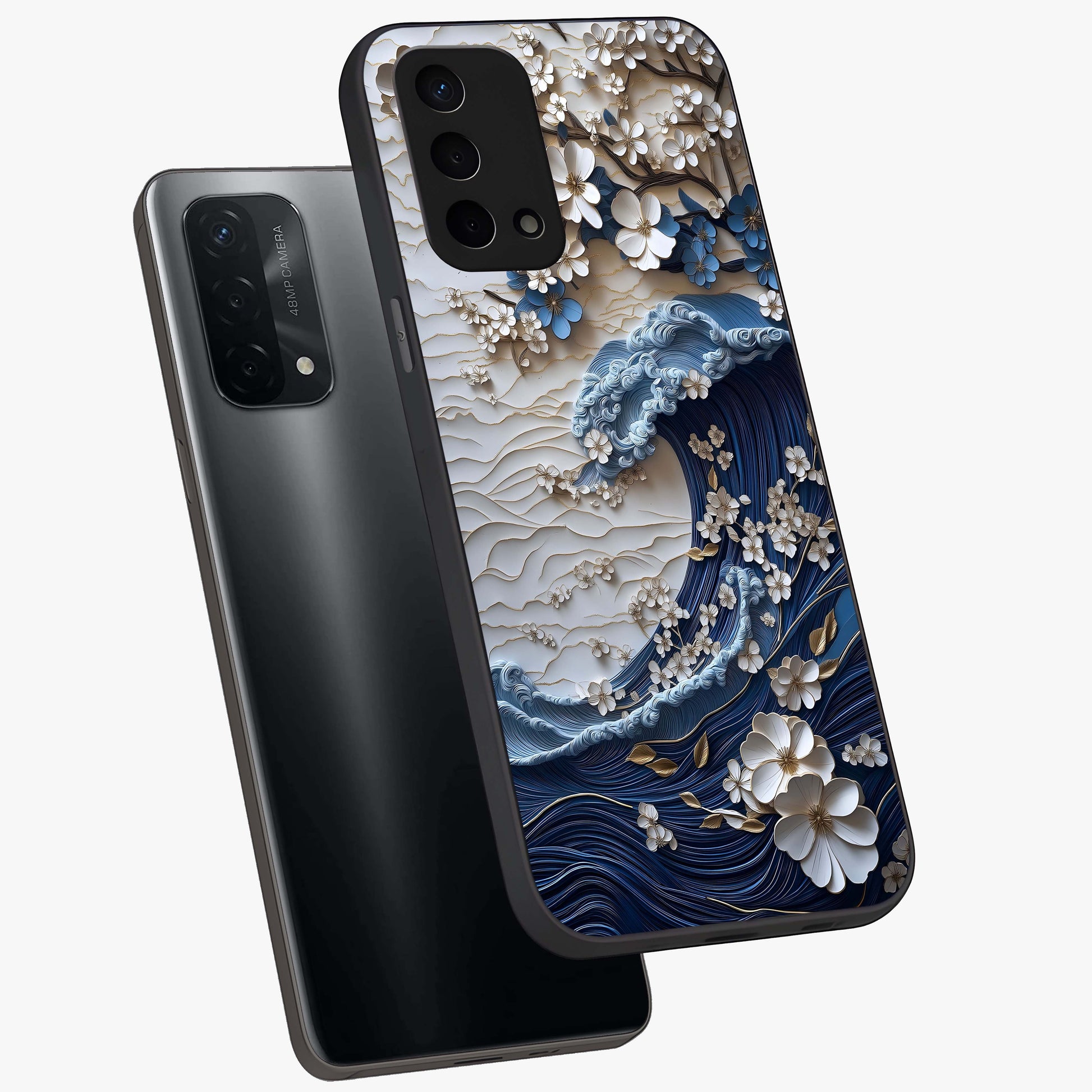 Floral Wave Origami Glass Case displayed in angled mockup highlighting geometric origami flower design with modern aesthetic style.
