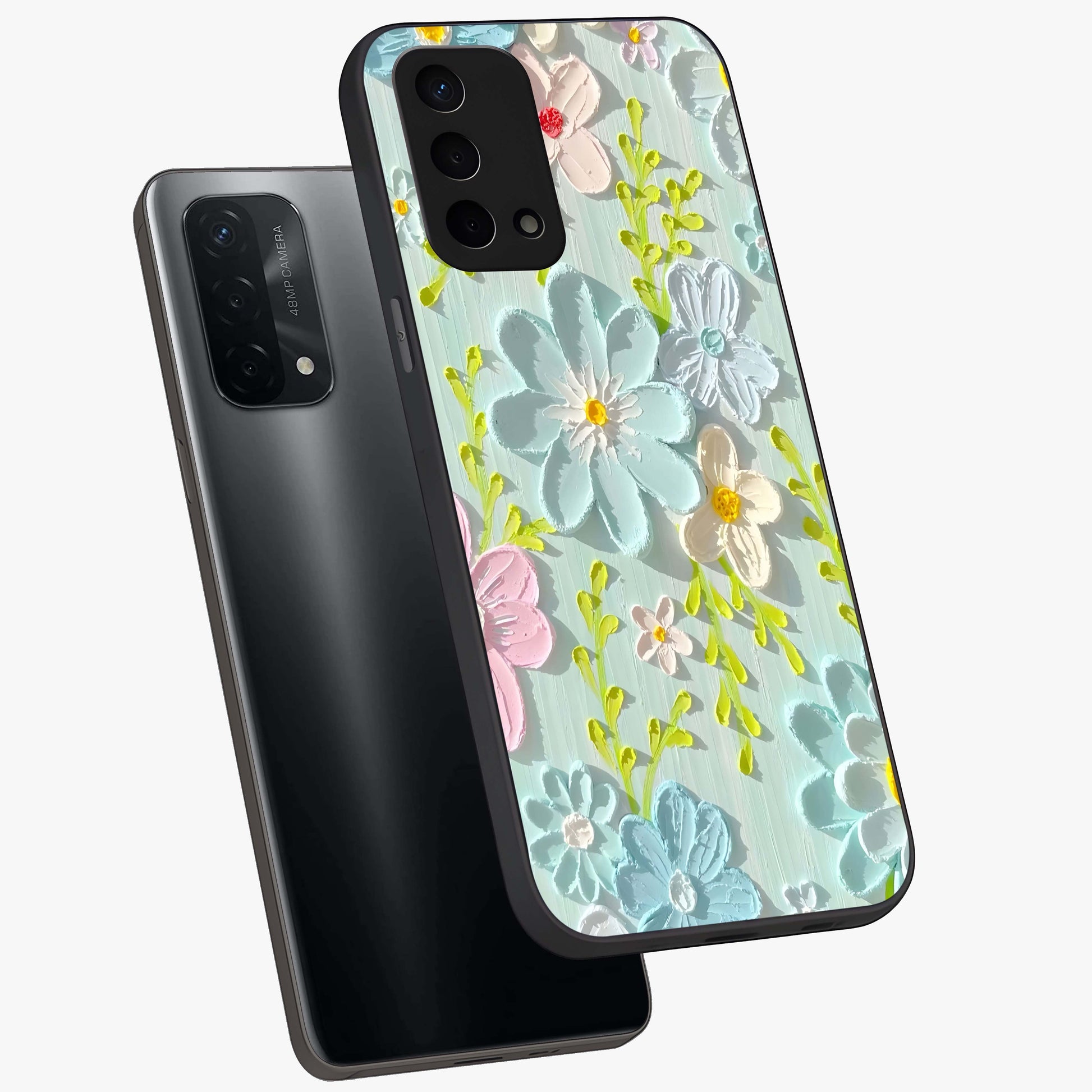 Frosted Petal Garden Glass Case displayed in angled mockup highlighting delicate flower petal design with calm garden aesthetic.