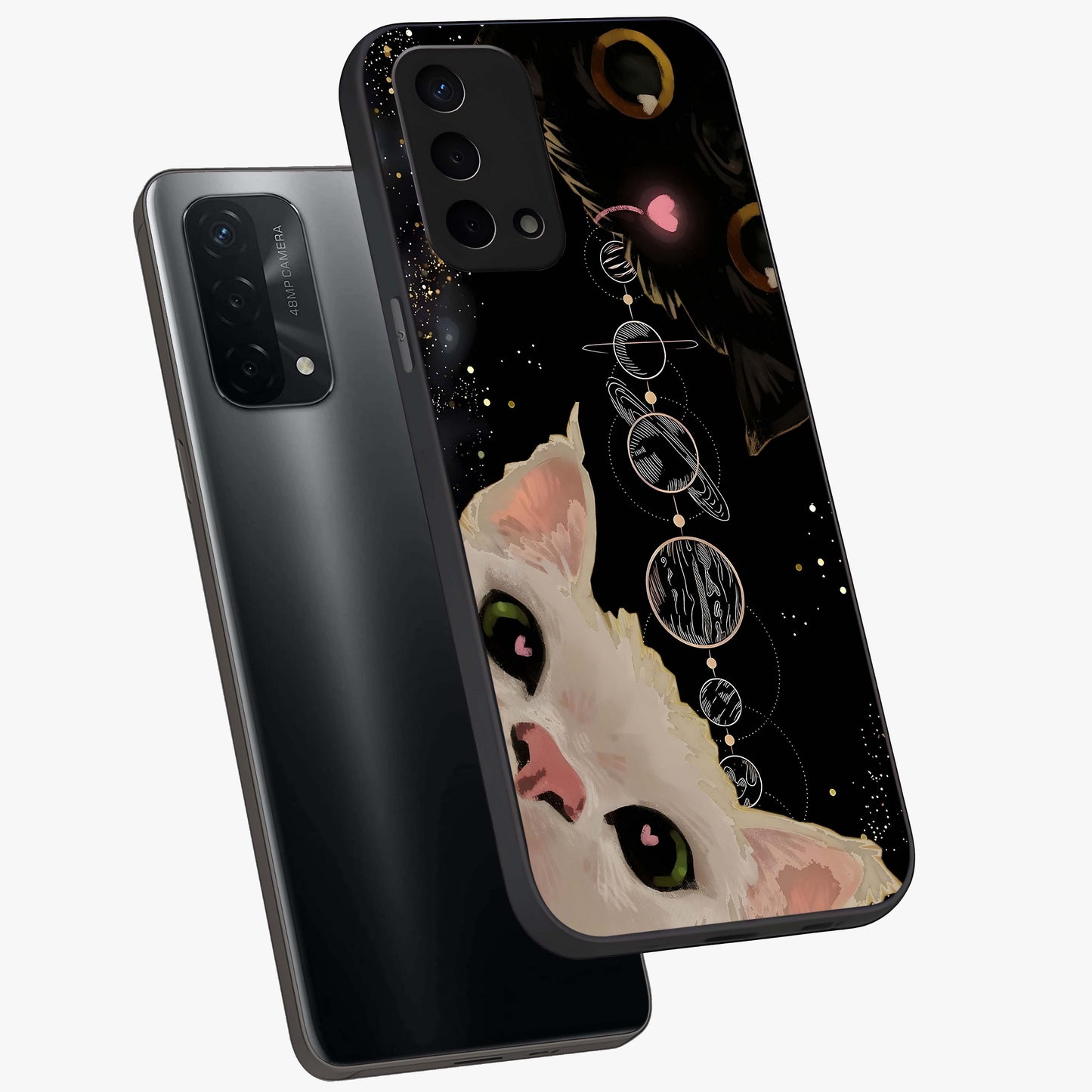 Galactic Cat Glass Case displayed in angled mockup highlighting celestial feline illustration with galaxy aesthetic style.