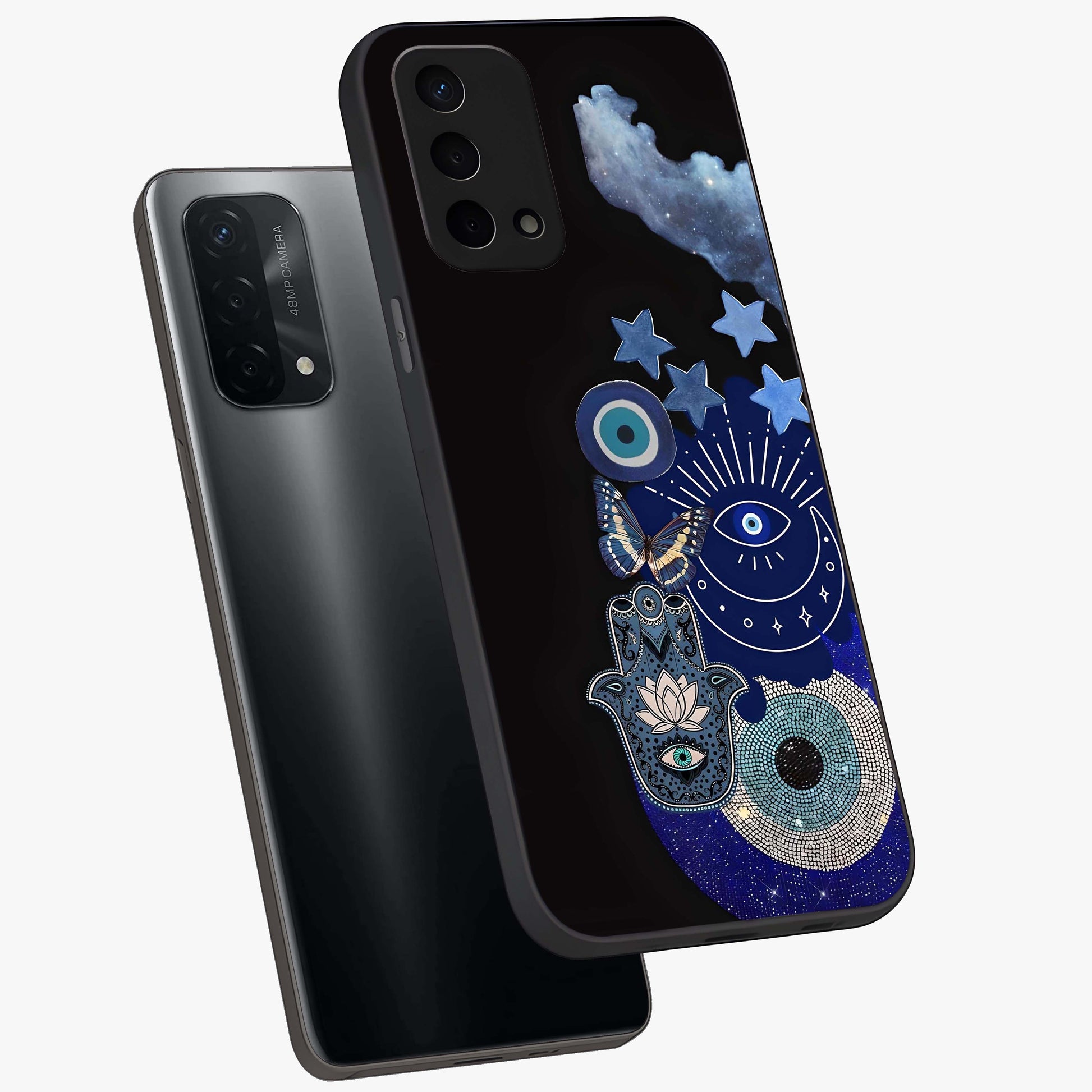 Galactic Charm Cluster Glass Case displayed in angled mockup highlighting luminous galaxy inspired design with dreamy aesthetic.
