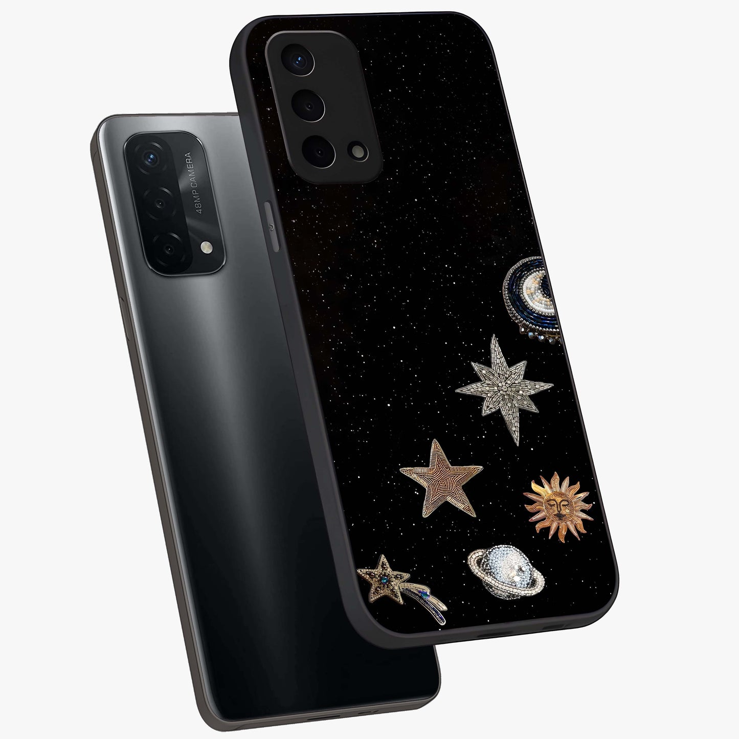 Galactic Charm Glow Glass Case displayed in angled mockup highlighting luminous galaxy inspired design with dreamy aesthetic.