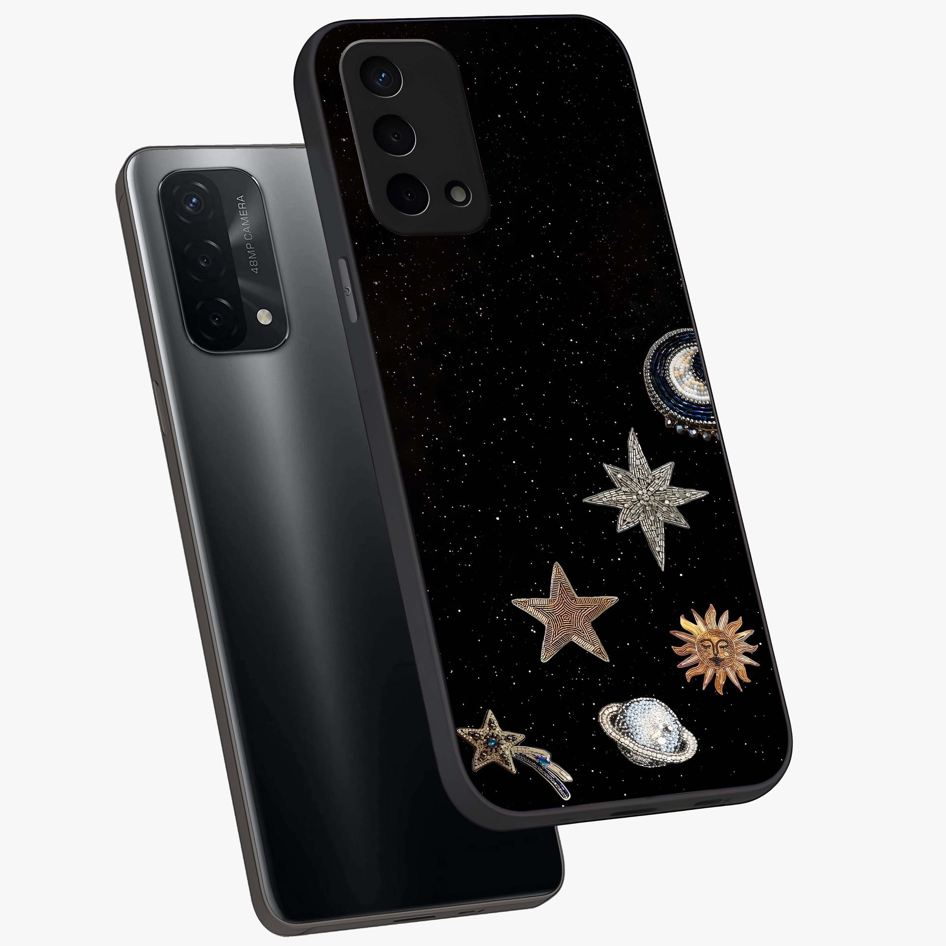 Galactic Charm Glow Glass Case displayed in angled mockup highlighting luminous galaxy inspired design with dreamy aesthetic.
