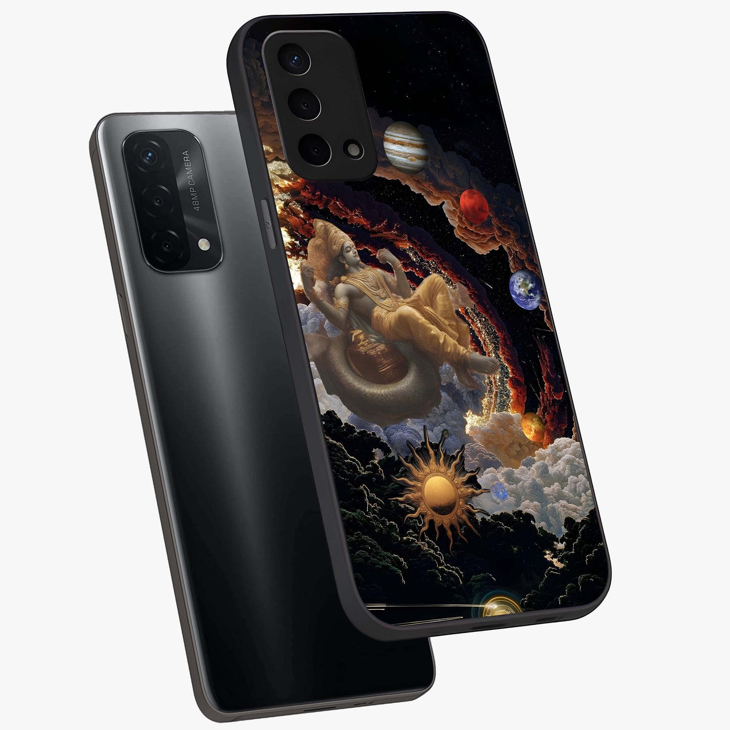Galactic Divine God Glass Case displayed in angled mockup highlighting powerful celestial deity illustration with galactic aesthetic.