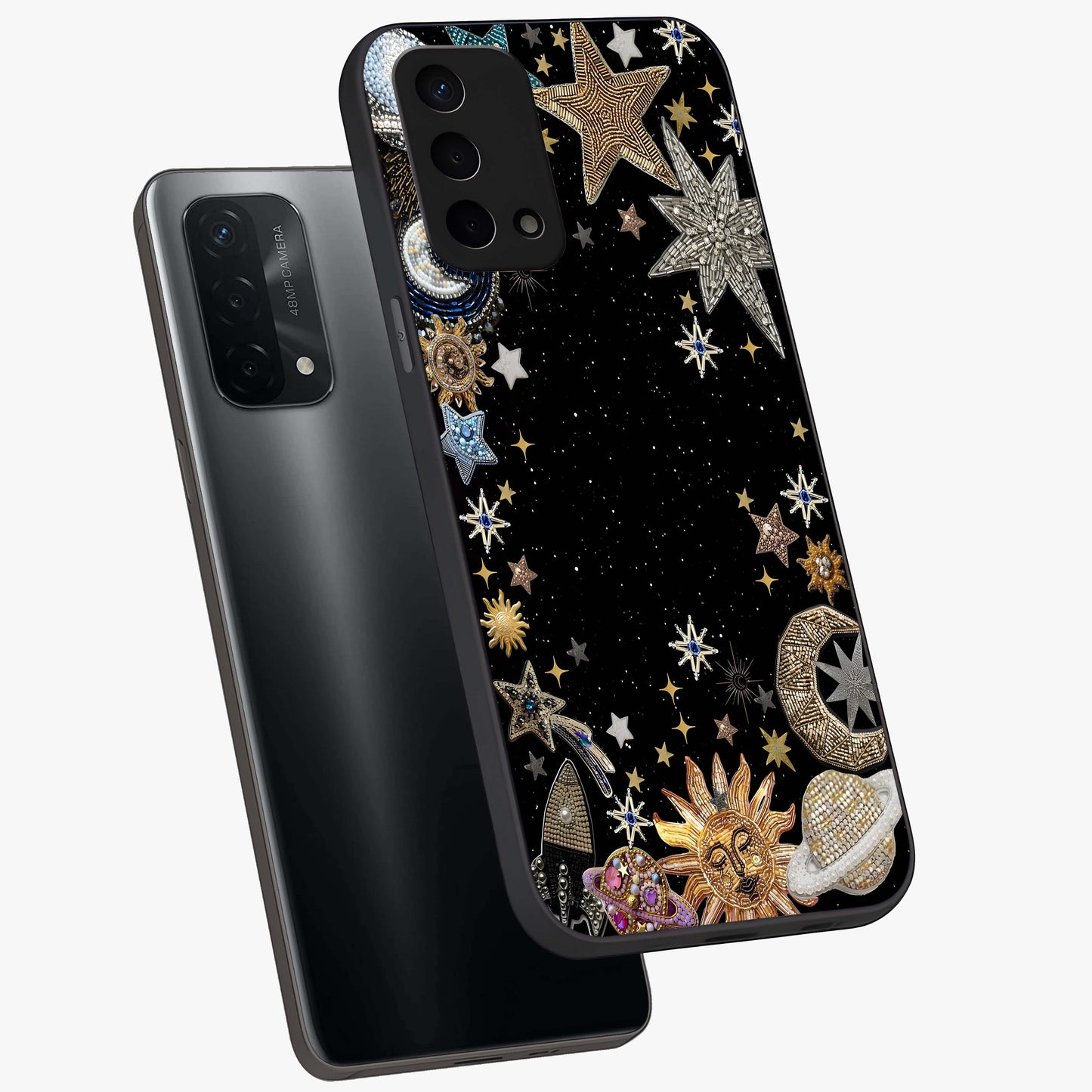 Galactic Jewel Stars Glass Case displayed in angled mockup highlighting shining celestial star design with cosmic aesthetic style.