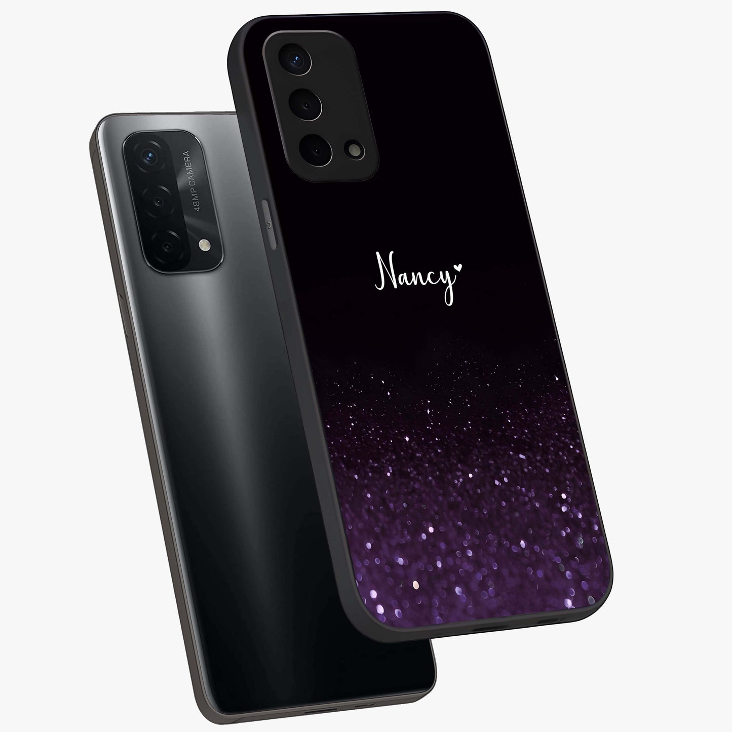 Glittery Purple Bokeh Custom Name Glass Case displayed in angled mockup highlighting glitter bokeh pattern with custom name feature.
