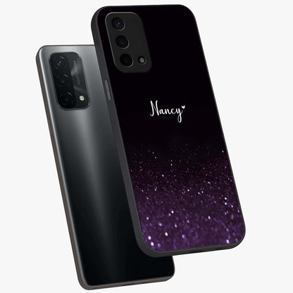 Glittery Purple Bokeh Custom Name Glass Case displayed in angled mockup highlighting glitter bokeh pattern with custom name feature.