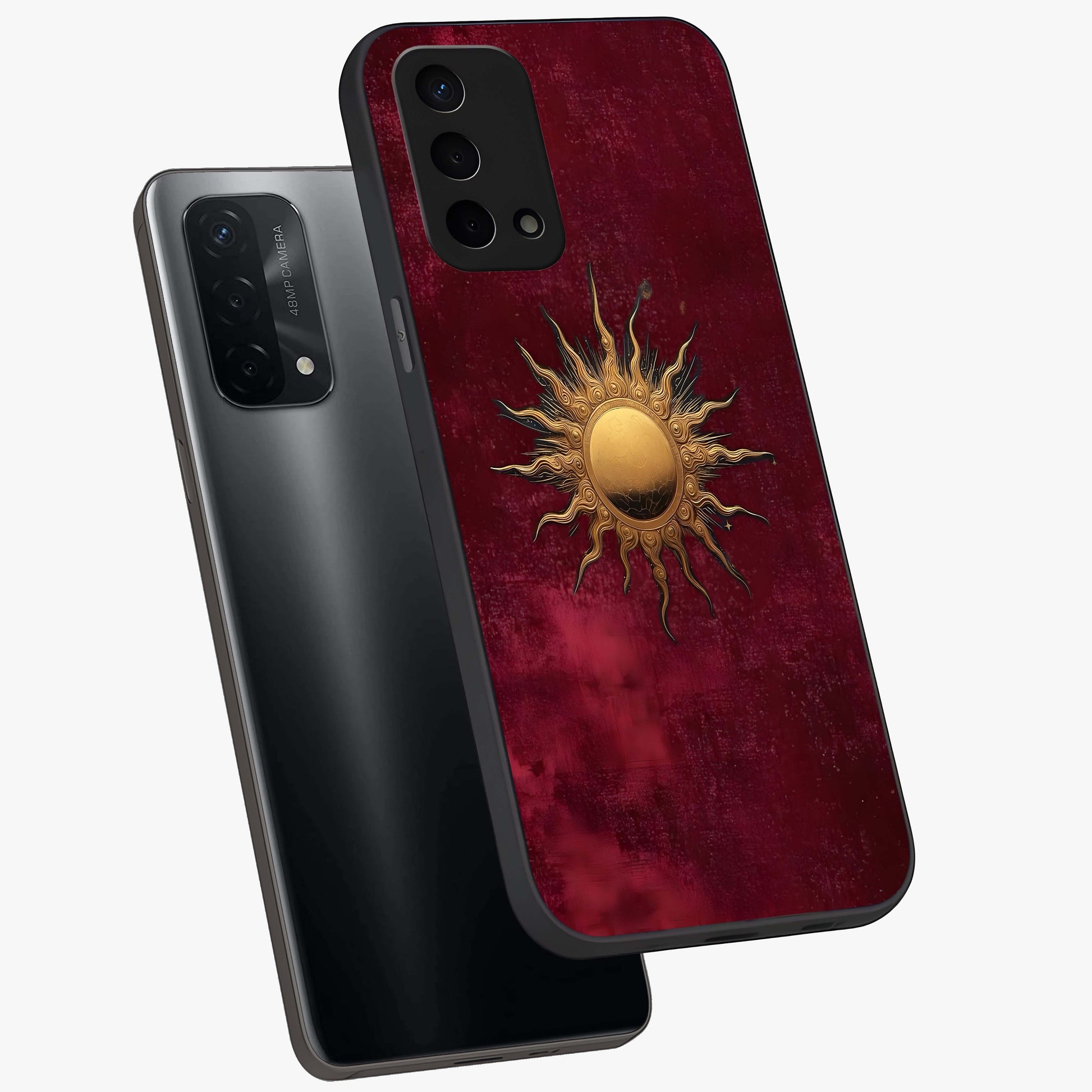 Golden Sun Minimalism Glass Case displayed in angled mockup highlighting clean sun symbol design with modern minimal aesthetic.