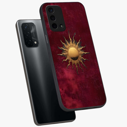 Golden Sun Minimalism Glass Case displayed in angled mockup highlighting clean sun symbol design with modern minimal aesthetic.