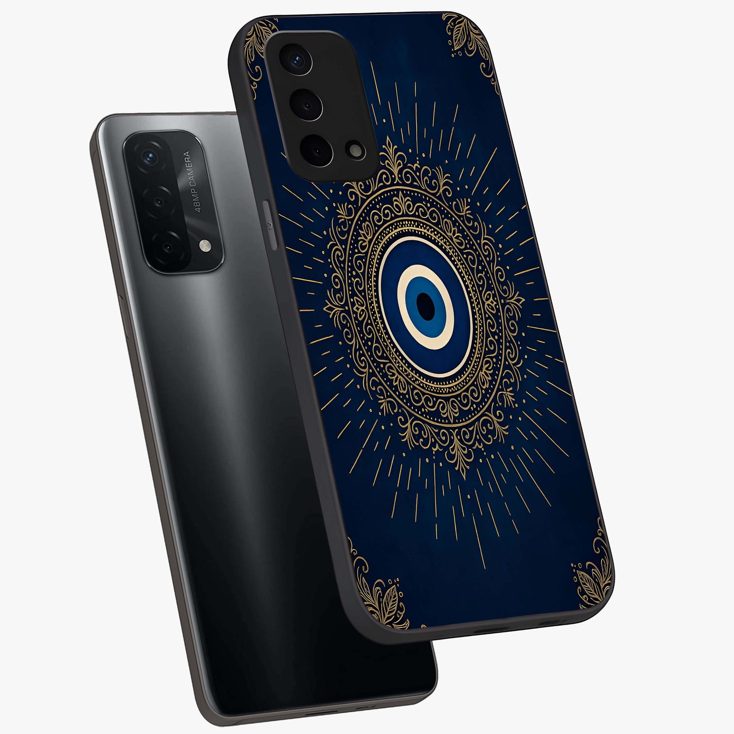Golden Celestial Charm Glass Case displayed in angled mockup highlighting sparkling cosmic charm design with celestial aesthetic.