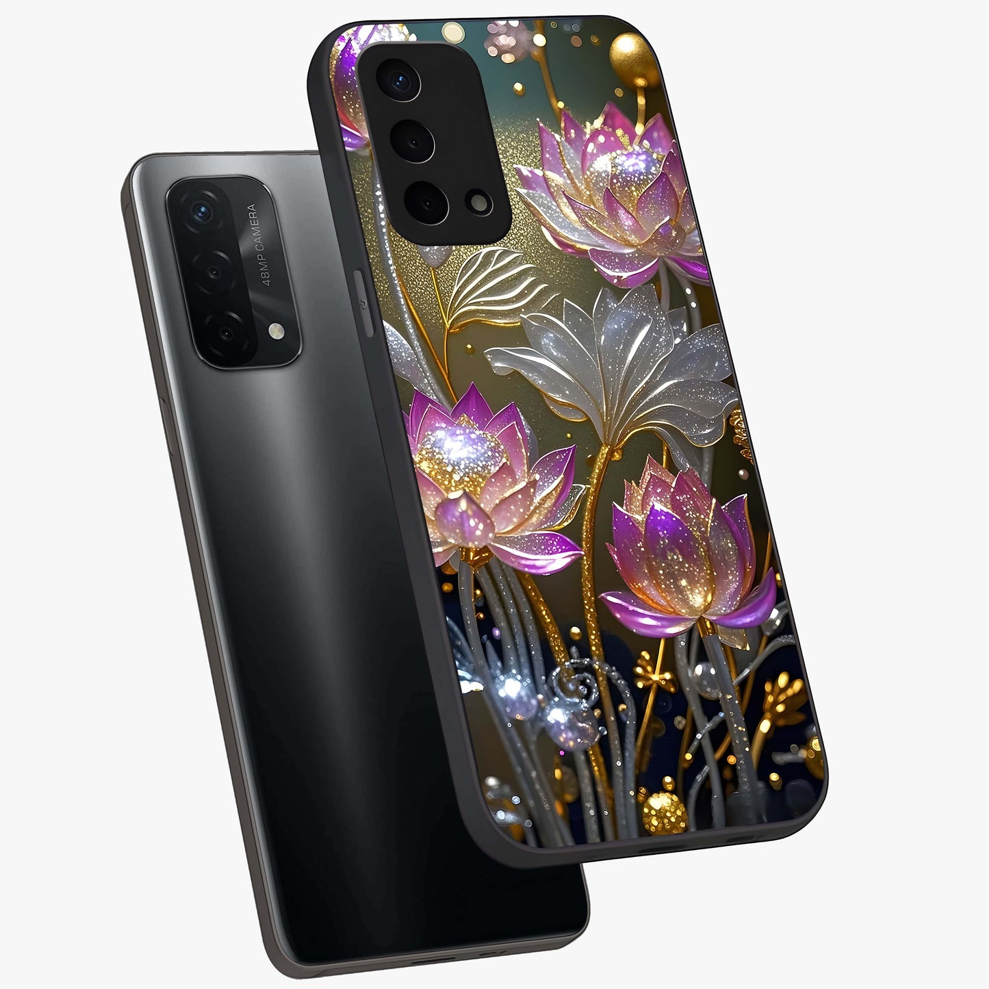 Golden Floral Majesty Glass Case displayed in angled mockup highlighting elegant flower design with royal golden aesthetic.