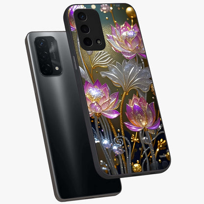 Golden Floral Majesty Glass Case displayed in angled mockup highlighting elegant flower design with royal golden aesthetic.
