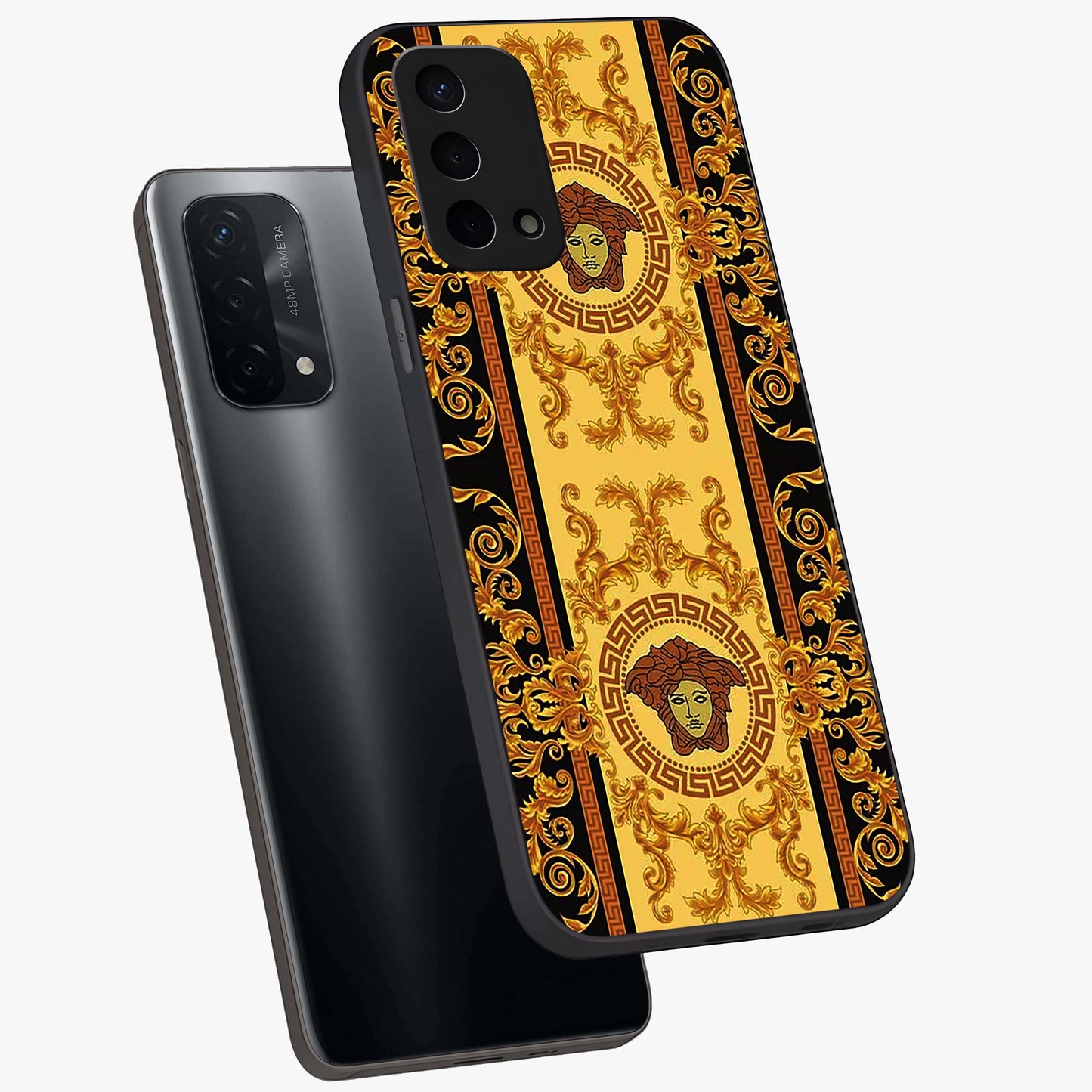 Golden Lotus Glow Glass Case displayed in angled mockup highlighting radiant lotus illustration with spiritual aesthetic.