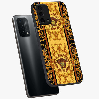 Golden Lotus Glow Glass Case displayed in angled mockup highlighting radiant lotus illustration with spiritual aesthetic.