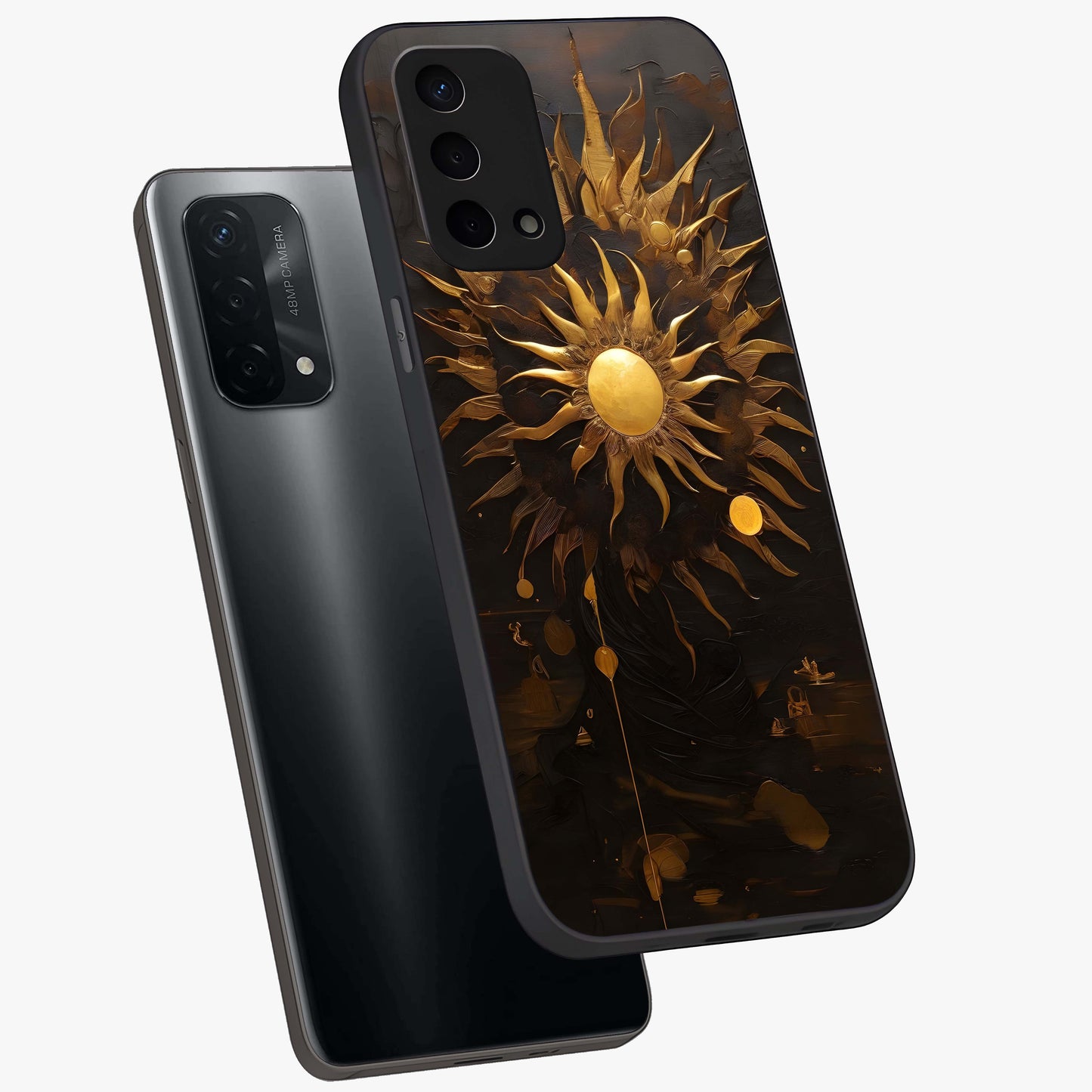 Golden Sun Majesty Glass Case displayed in angled mockup highlighting eerie shadow illustration with gothic aesthetic.