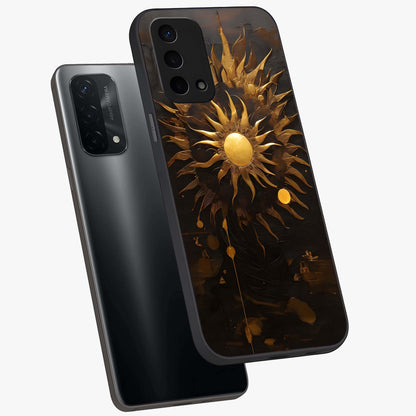 Golden Sun Majesty Glass Case displayed in angled mockup highlighting eerie shadow illustration with gothic aesthetic.