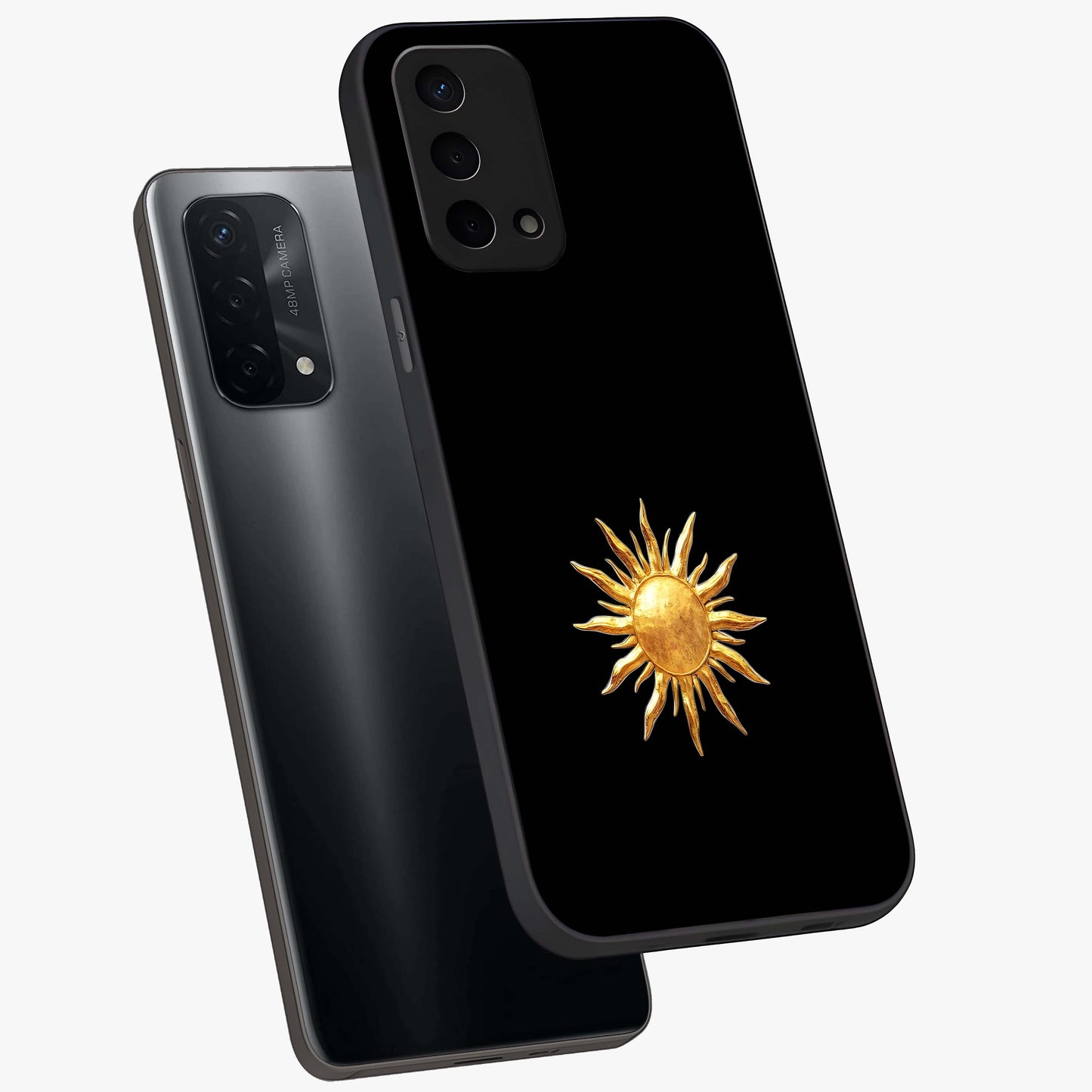 Golden Sun Minimalism Glass Case displayed in angled mockup highlighting eerie shadow illustration with gothic aesthetic.