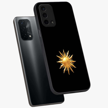 Golden Sun Minimalism Glass Case displayed in angled mockup highlighting eerie shadow illustration with gothic aesthetic.