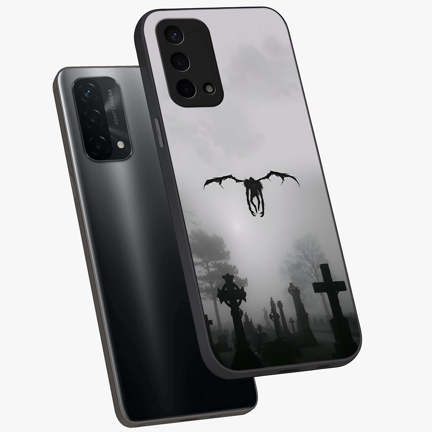 Graveyard Shadow Descent Glass Case displayed in angled mockup highlighting eerie shadow illustration with gothic aesthetic.