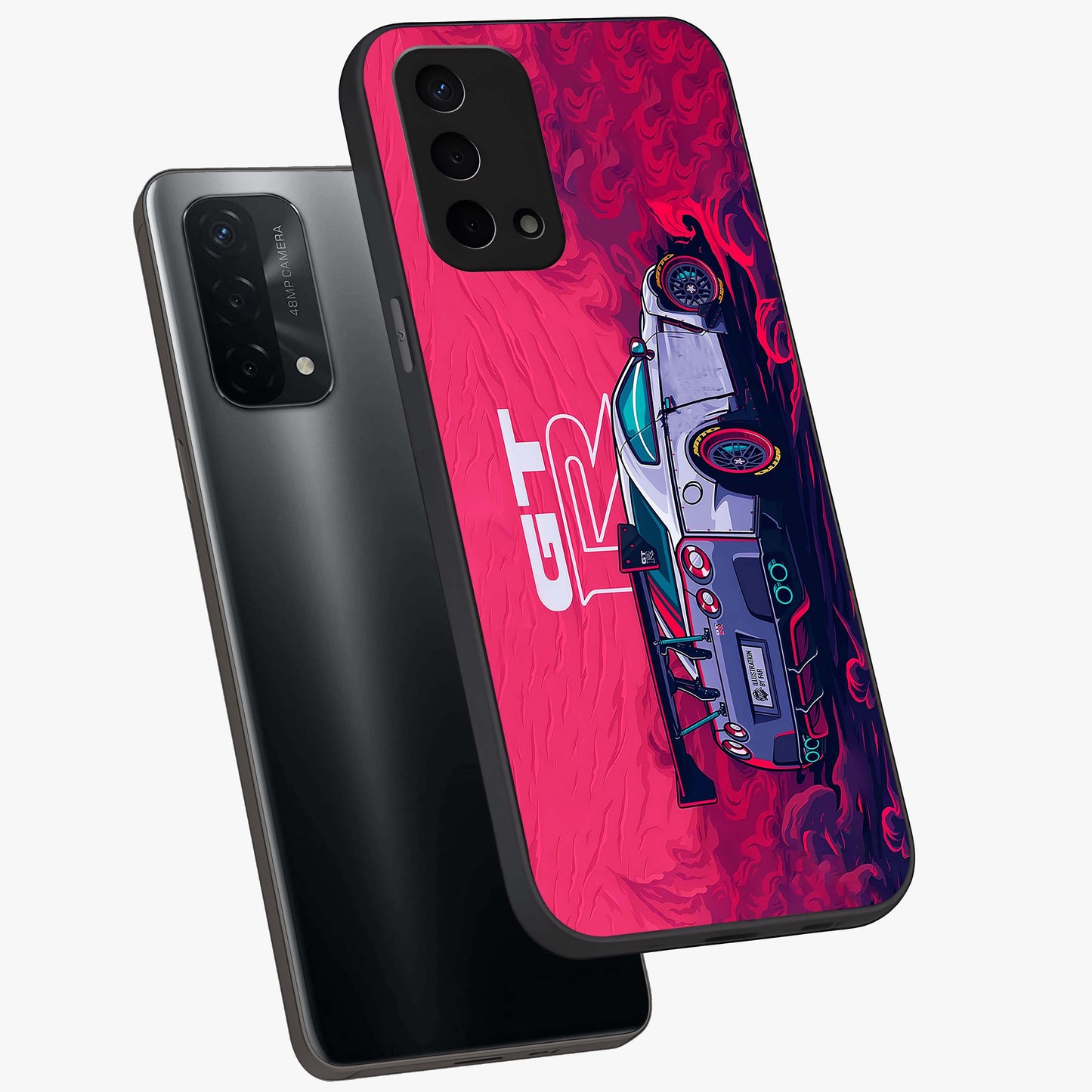GT-R Car Pattern Glass Case displayed in angled mockup highlighting racing car graphic design with bold automotive aesthetic.