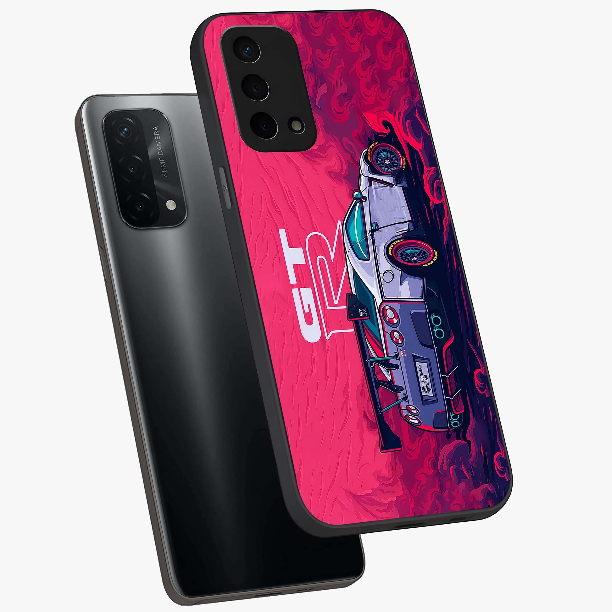 GT-R Car Pattern Glass Case displayed in angled mockup highlighting racing car graphic design with bold automotive aesthetic.