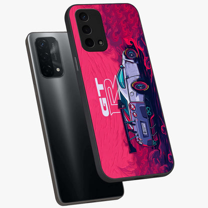 GT-R Car Pattern Glass Case displayed in angled mockup highlighting racing car graphic design with bold automotive aesthetic.