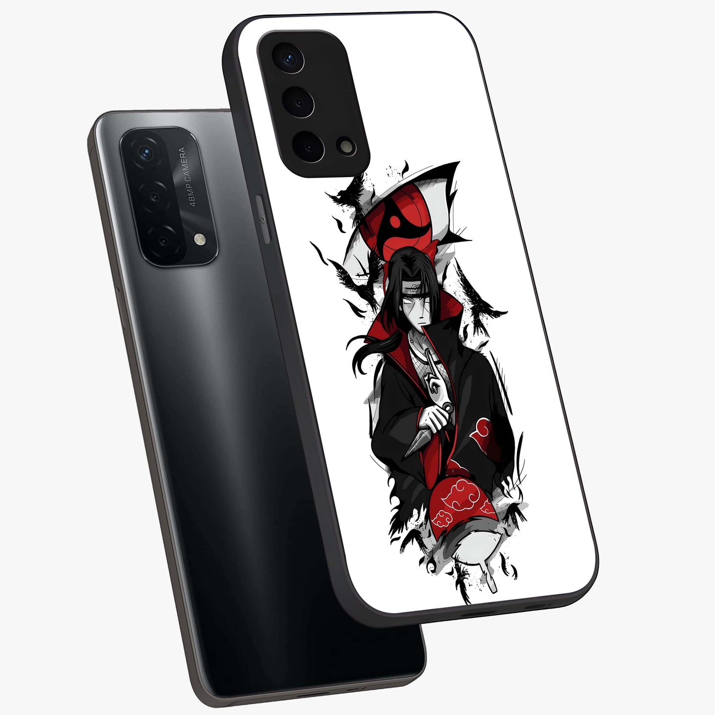 Itachi Limited Edition Naruto Anime Glass Case displayed in angled mockup highlighting dramatic anime illustration with bold action aesthetic.