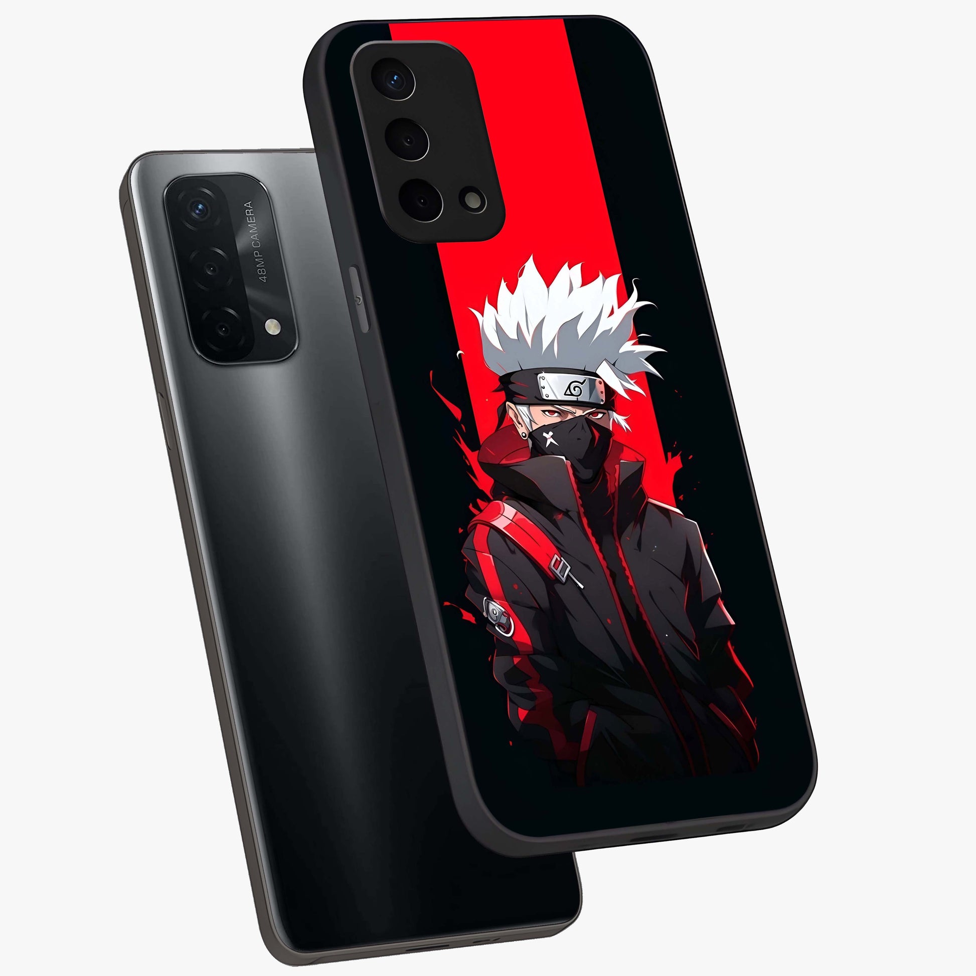 Kakashi Scarlet Shadow Glass Case displayed in angled mockup highlighting dramatic ninja illustration with scarlet themed aesthetic.