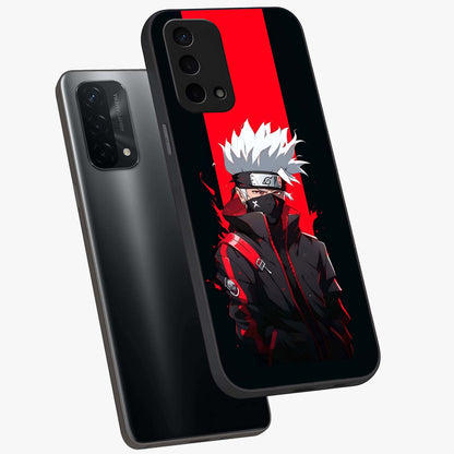 Kakashi Scarlet Shadow Glass Case displayed in angled mockup highlighting dramatic ninja illustration with scarlet themed aesthetic.