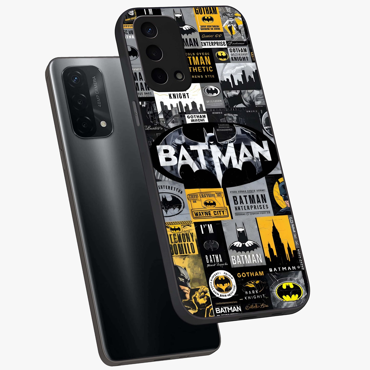 Knight Gotham Rise Glass Case displayed in angled mockup highlighting powerful knight silhouette design with dramatic aesthetic.