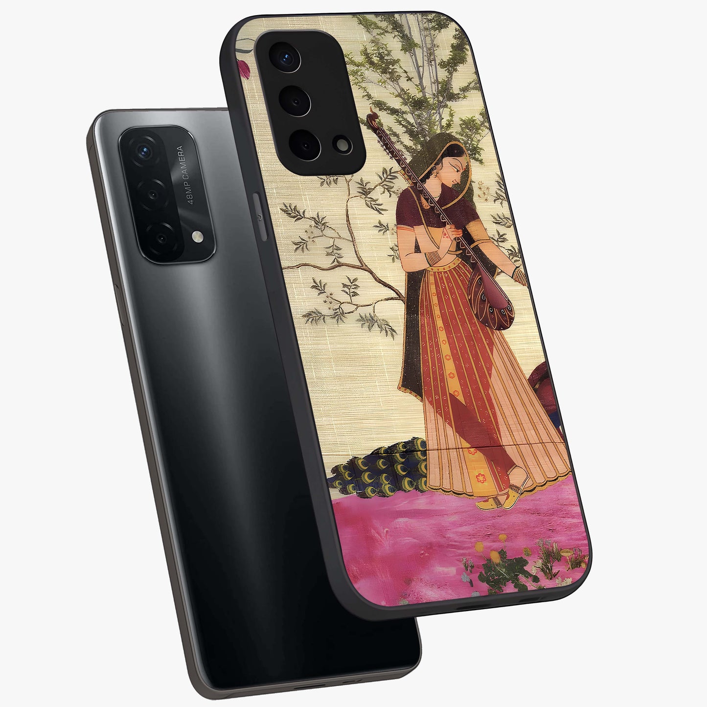 Lady With Veena Art Glass Case displayed in angled mockup highlighting graceful musical illustration with cultural artistic aesthetic.