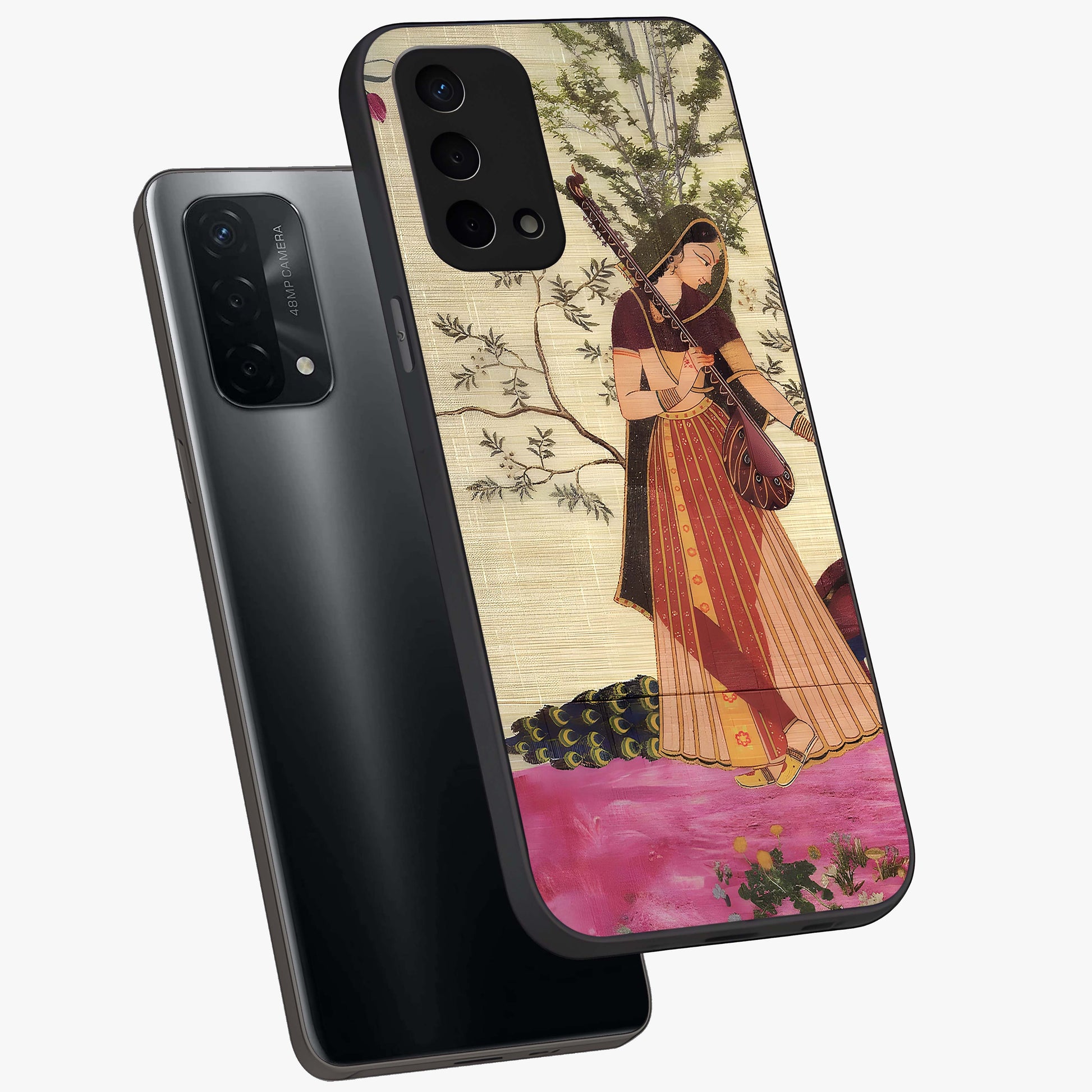 Lady With Veena Art Glass Case displayed in angled mockup highlighting graceful musical illustration with cultural artistic aesthetic.