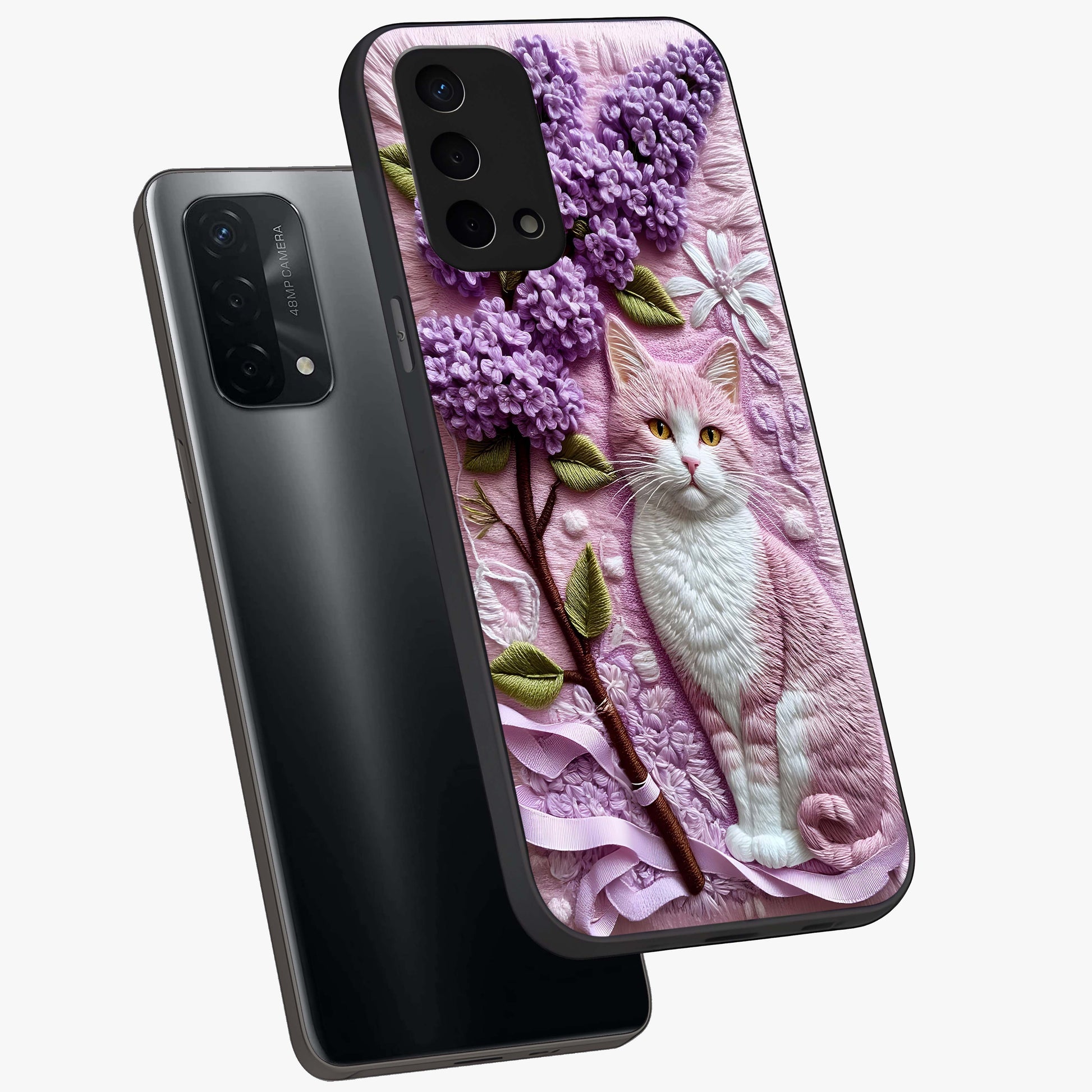 Lavender Cat Whimsy Glass Case displayed in angled mockup highlighting playful feline illustration with pastel lavender aesthetic.