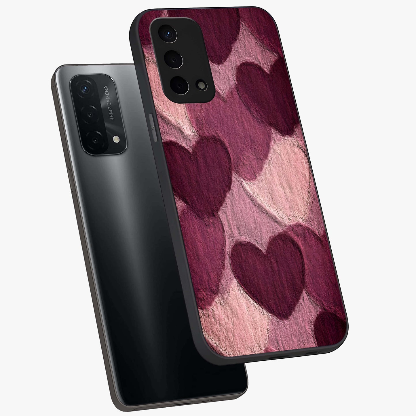 Layered Paper Hearts Glass Case displayed in angled mockup highlighting creative paper craft heart design with romantic aesthetic.
