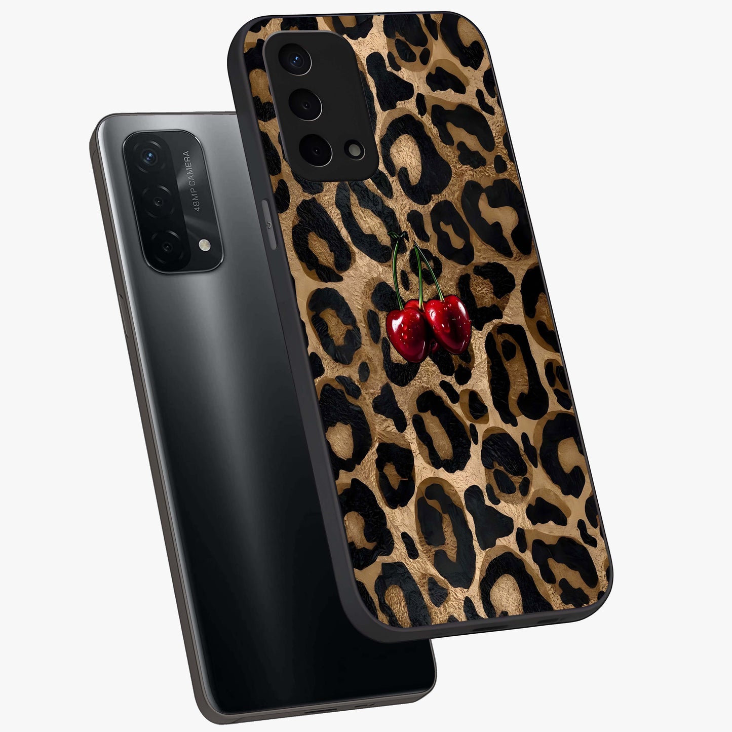 Leopard Wild Cherry Glass Case displayed in angled mockup highlighting bold animal print design with playful cherry aesthetic.