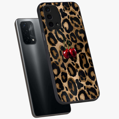 Leopard Wild Cherry Glass Case displayed in angled mockup highlighting bold animal print design with playful cherry aesthetic.